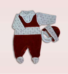Komplet welurowy śpioch + kaftan + czapka - rudy