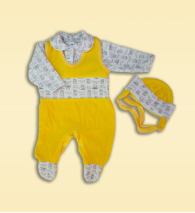 Komplet welurowy  śpioch + kaftan + czapka  - żółty