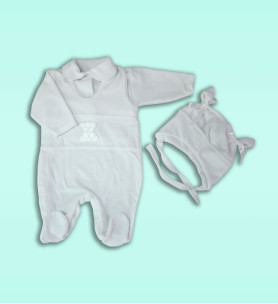 Komplet  welurowy śpioch + kaftan + czapka - biały