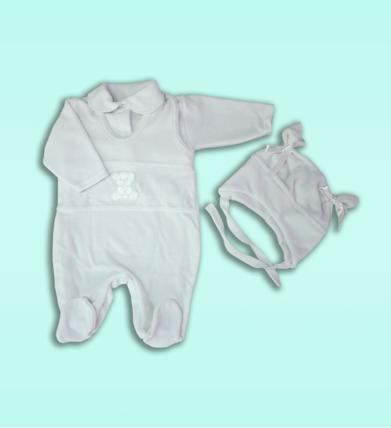 Komplet  welurowy śpioch + kaftan + czapka - biały